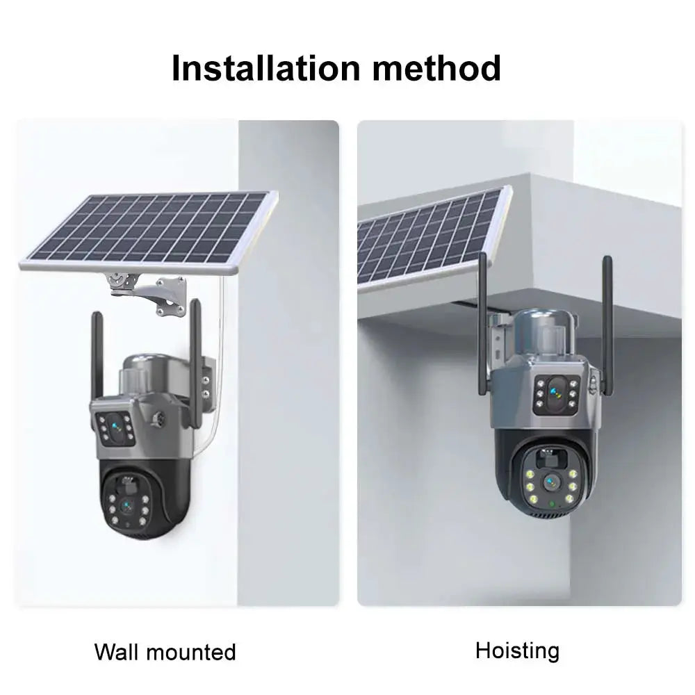 Simples Market 8MP 4K WiFi solar CCTV camera with dual-lens PTZ and solar panel; wall-mounted and hoisting installations.