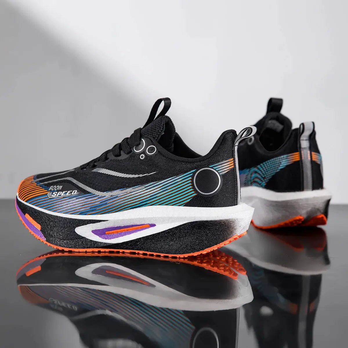 Simples Market carbon plate running shoes, black with orange/blue stripes, breathable lightweight marathon sneakers.
