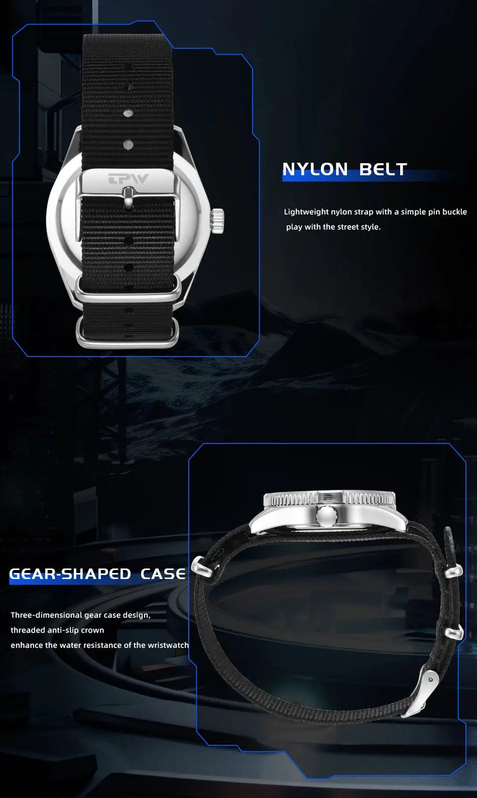 TPW 40mm Field Watch by Simples Market with black nylon strap, quartz movement, luminous rotating bezel, date & day
