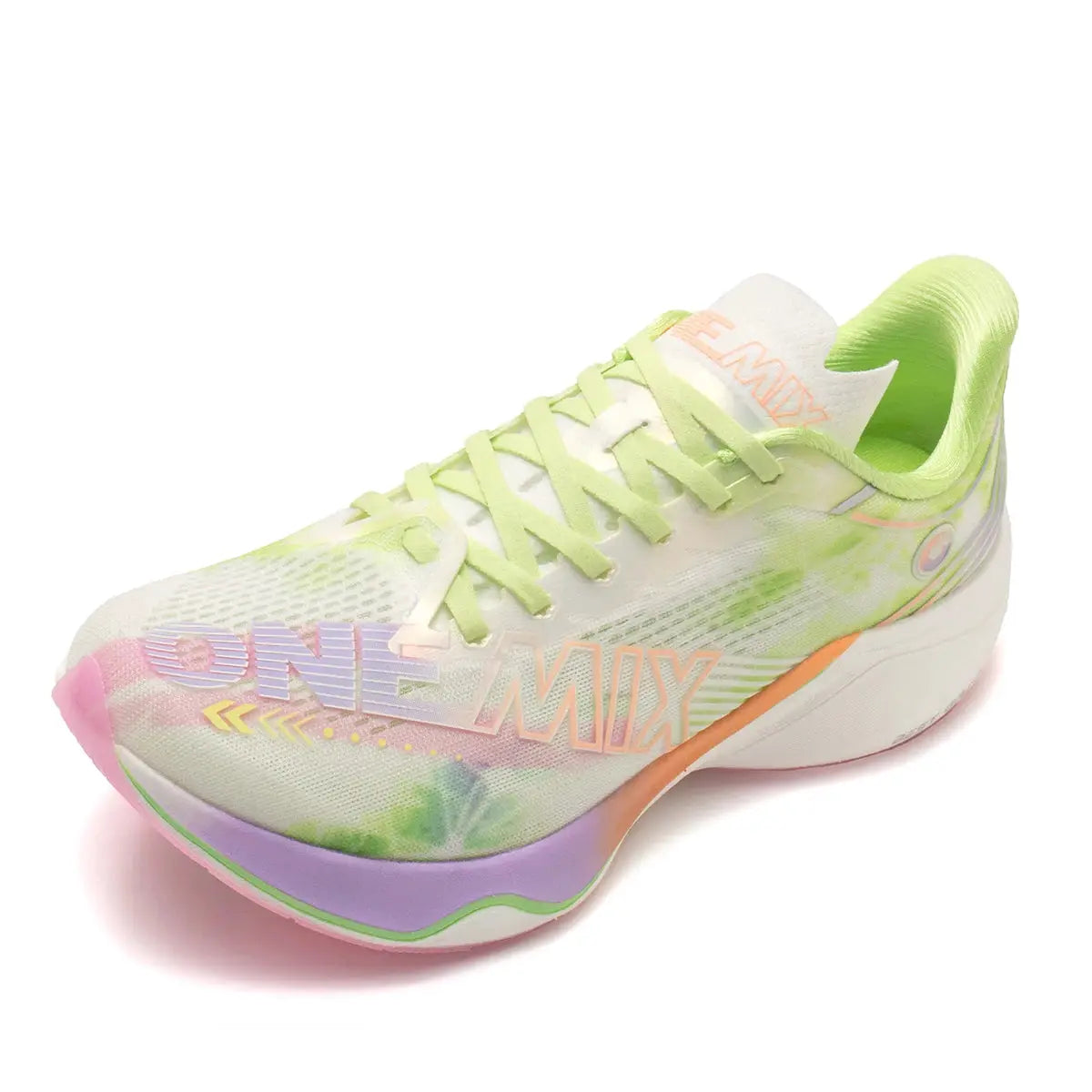 ONEMIX Marathon carbon plate running shoe by Simples Market; white upper with neon lime laces and pastel gradient sole.