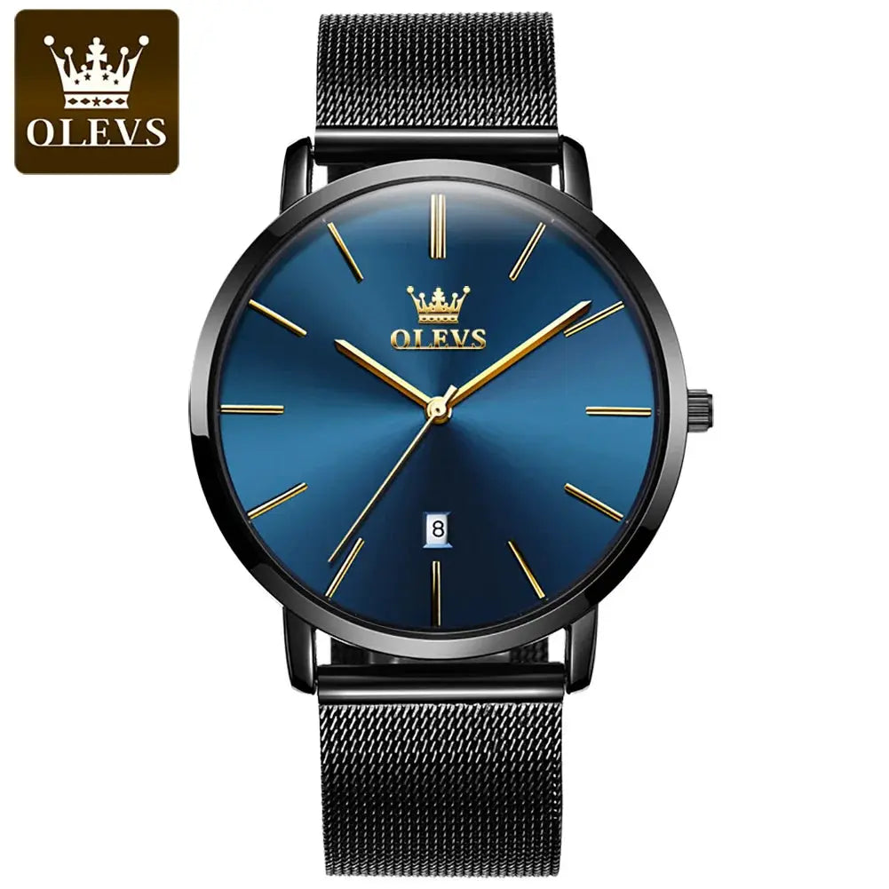OLEVS men's wristwatch with blue dial, gold-tone hands and markers, black metal mesh strap