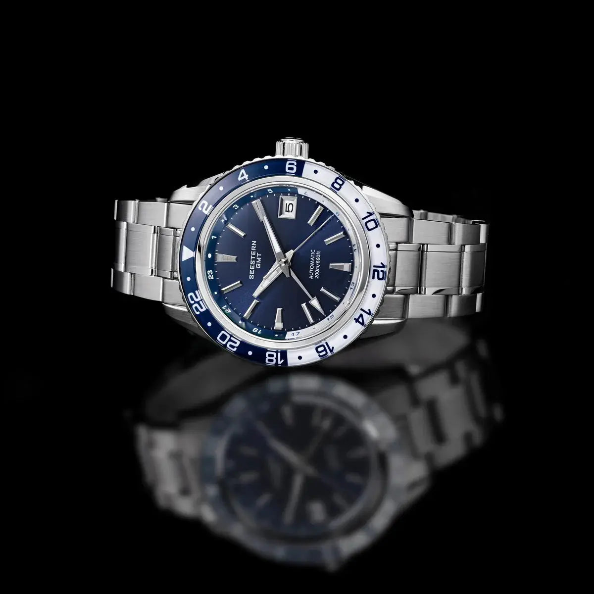 SEESTERN men's GMT automatic wristwatch with blue dial and stainless steel bracelet