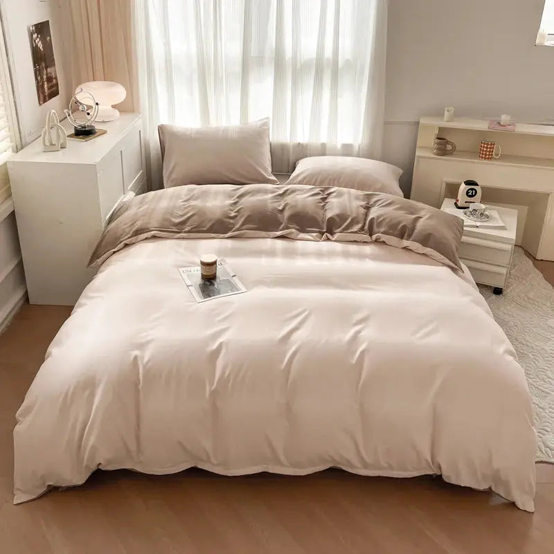 Duvet cover bedding set, beige brush-fabric, 4 pieces including pillowcases and sheet