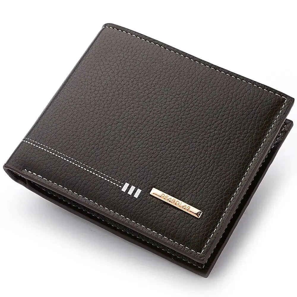 Men's black lychee-pattern wallet by Simples Market with white stitching and zipper coin pocket