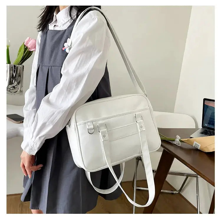 Japanese Style JK Bag white PU leather shoulder bag with long crossbody strap; pairs with school uniforms.