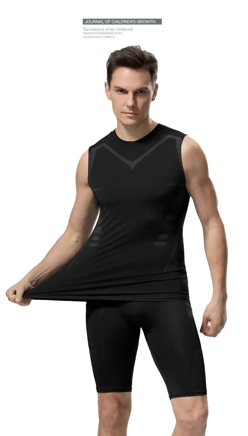 Men's black sleeveless compression tank top with grey geometric print for workouts