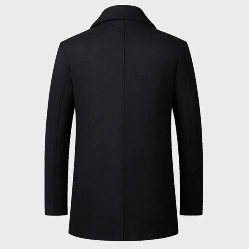 Men's black wool double-breasted coat for autumn and winter