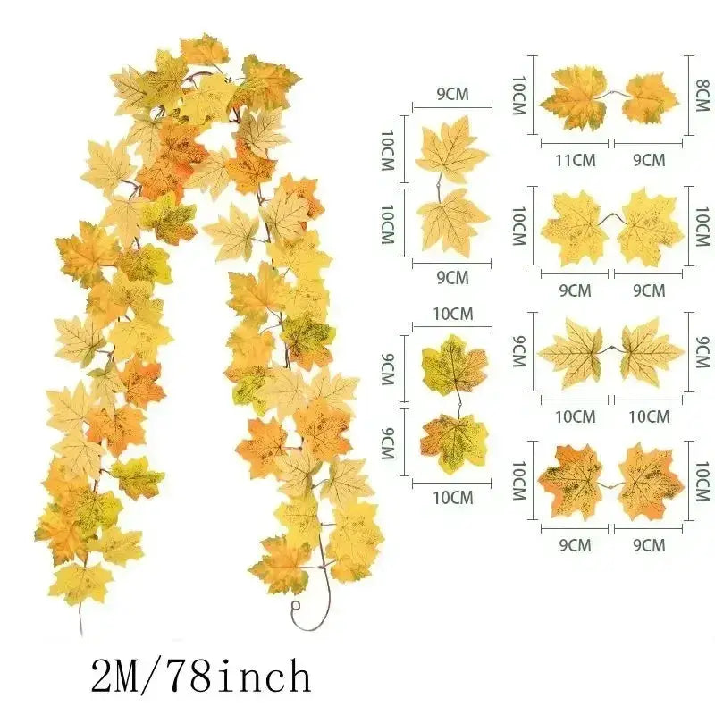 Autumn maple leaf wreath garland, 200cm, artificial yellow-orange leaves for indoor or outdoor decor by Simples Market