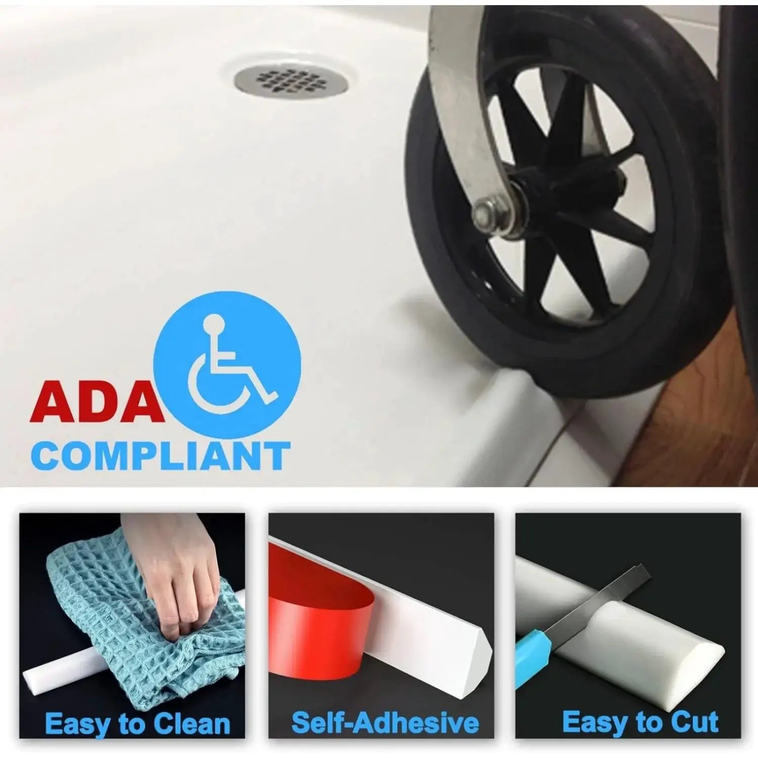 Collapsible shower water dam threshold system with ADA compliant badge on white shower base