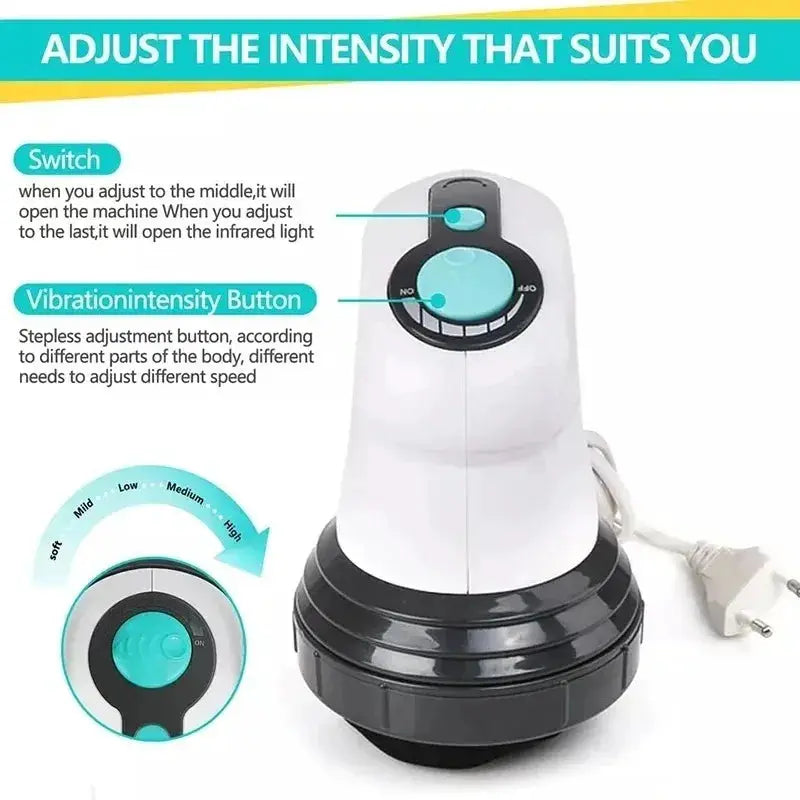 Simples Market handheld infrared slimming massager; white body with teal control dial on a black base