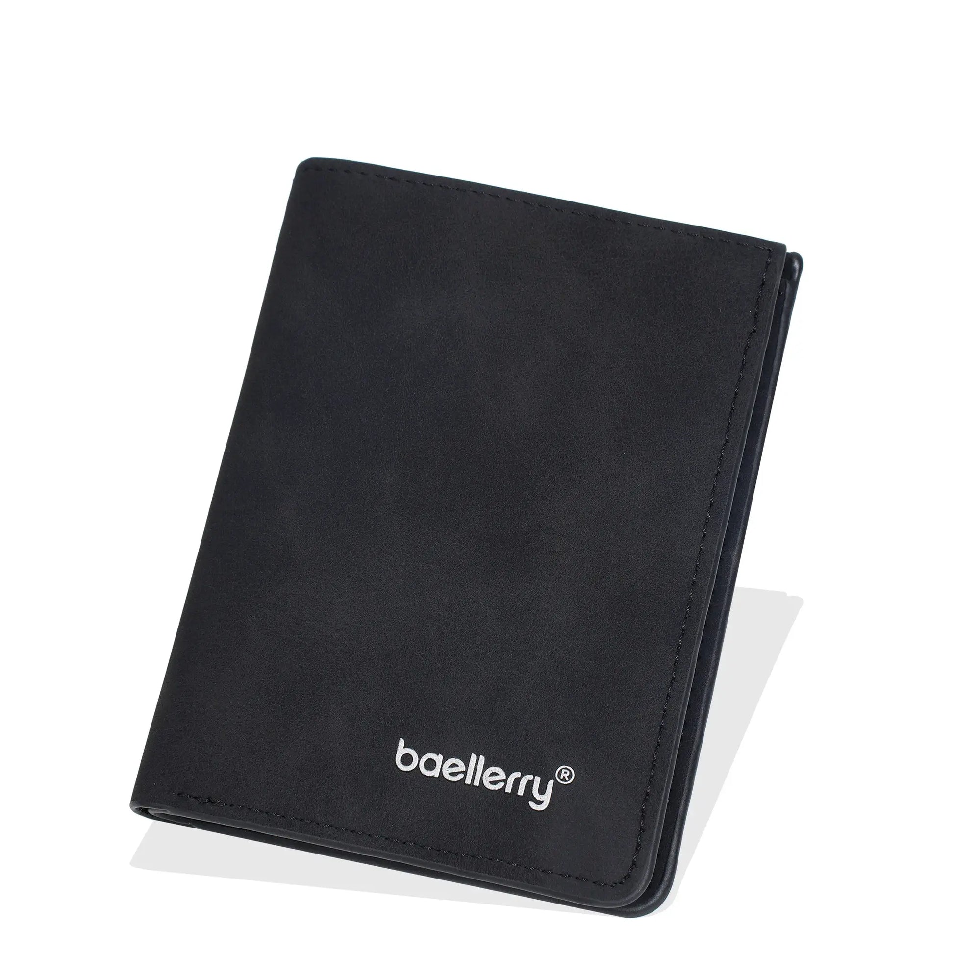 Men's short bi-fold wallet in black leather by Baellerry