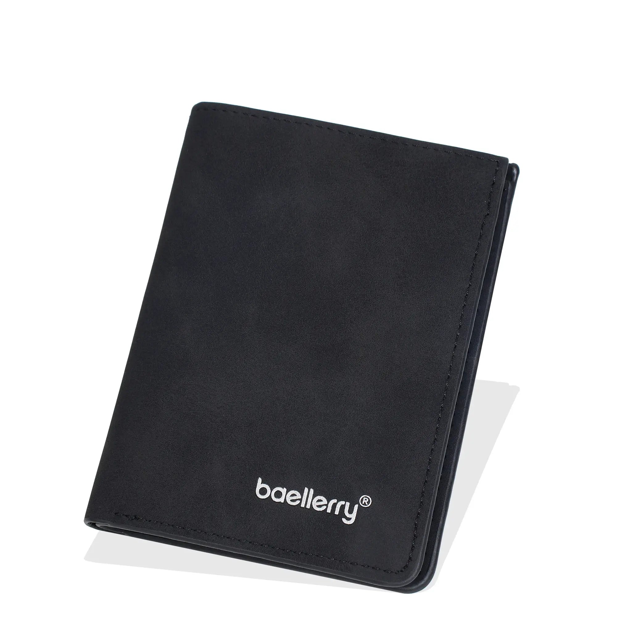 Men's short bi-fold wallet in black leather by Baellerry