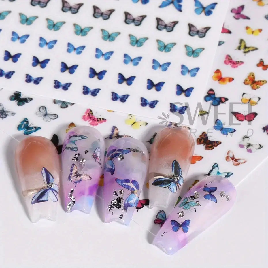 3pc luminous butterfly nail decals with blue butterfly designs; glow in the dark manicure sliders, Simples Market