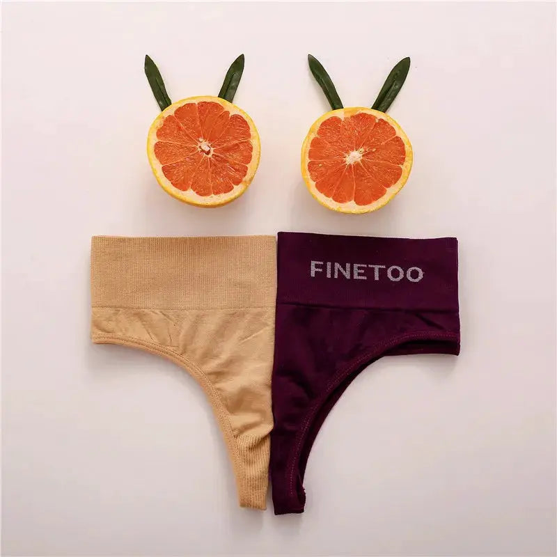 FINETOO 2-pack high-waist thong panties in beige and burgundy with branded waistband