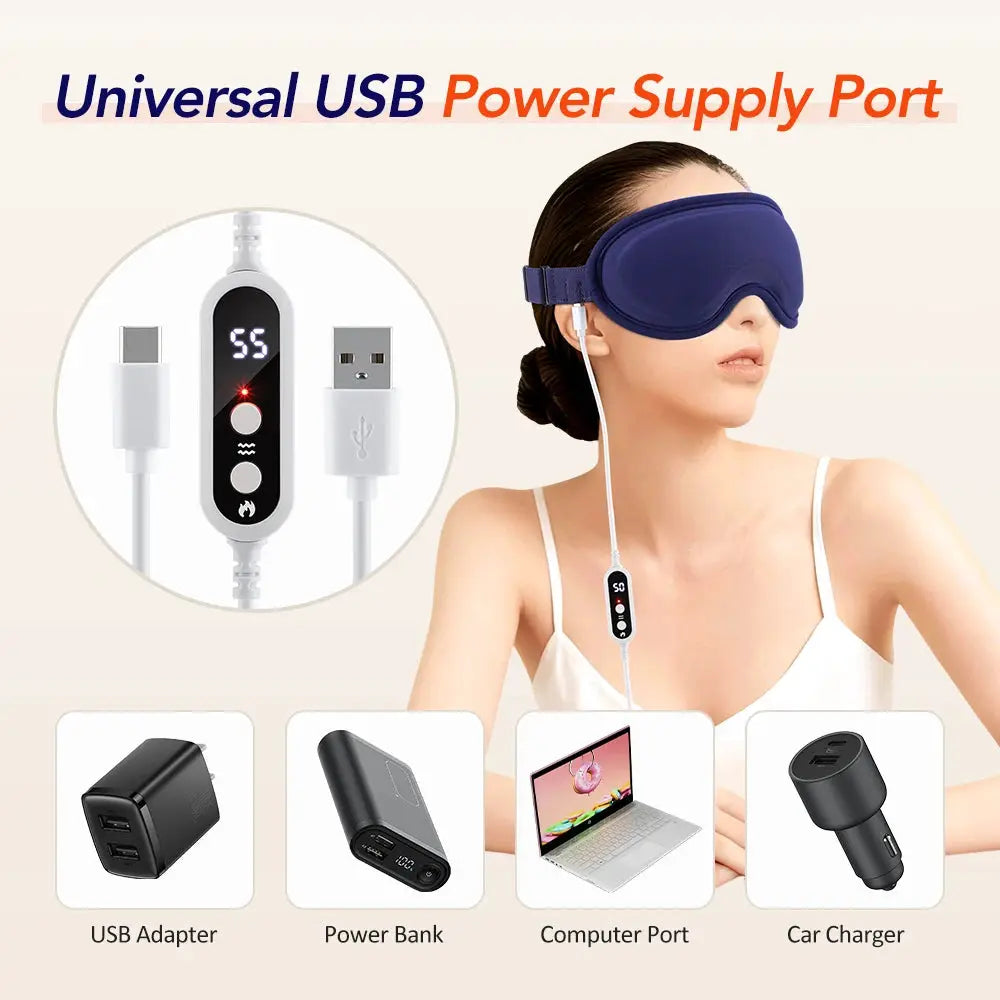 Electric steam eye mask with 3D vibration massage, purple cover and USB control panel; shown with 4 charging accessories