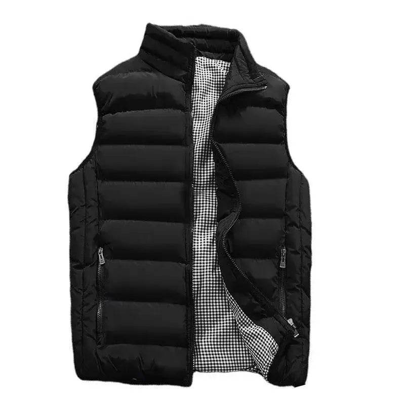Men's black puffer vest, sleeveless windproof quilted waistcoat with zip pockets and checkered lining