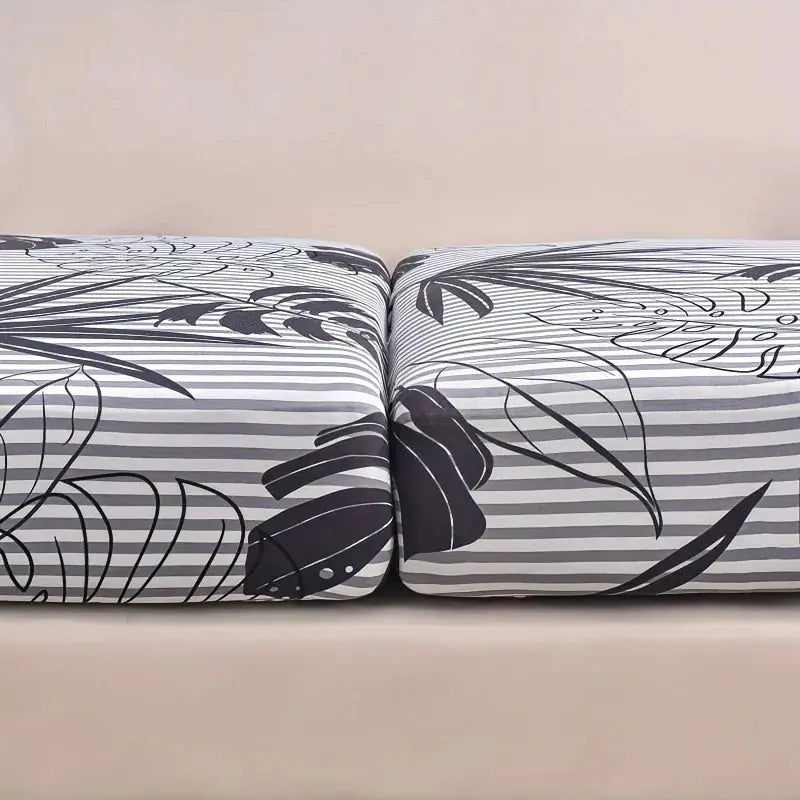 Simples Market elastic sofa cushion cover set; gray striped fabric with dark floral print, 2-piece corner L-shape cover
