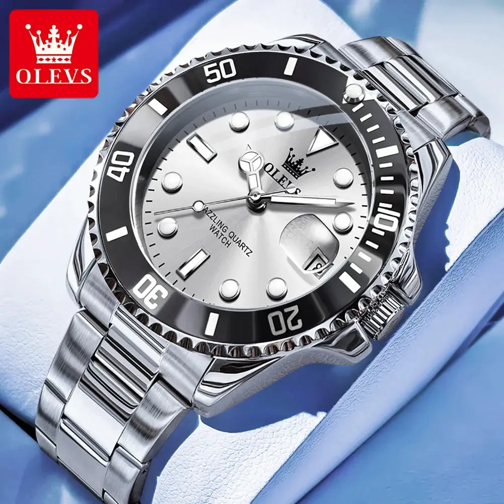 OLEVS 5885 men's stainless steel diving watch with silver dial, black bezel, luminous markers