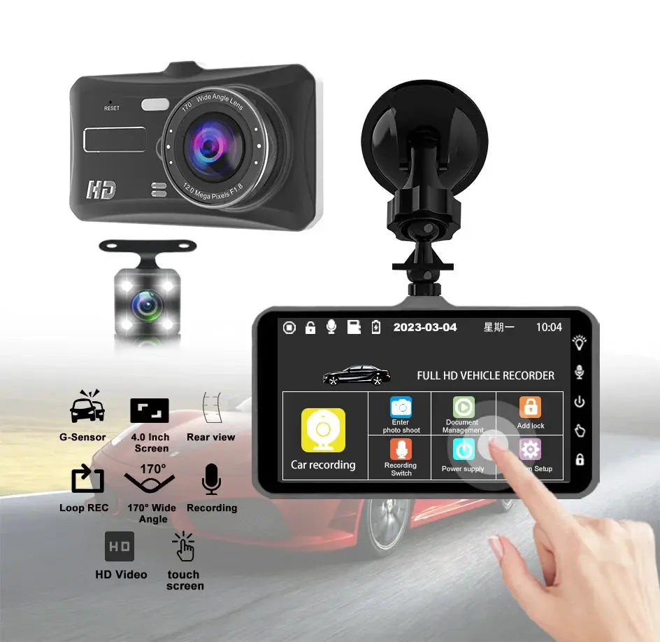 E-ACE 1080P car DVR dash cam by Simples Market with 4.0-inch touchscreen, front camera and optional rear lens