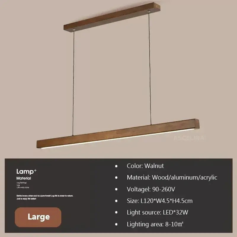 DAMIASMIL LED pendant light by Simples Market, walnut wood long strip chandelier with dual suspension cables