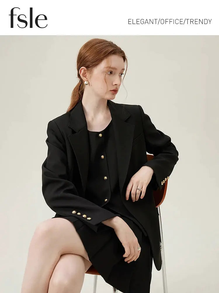 FSLE women's black blazer suit set with gold buttons for office wear