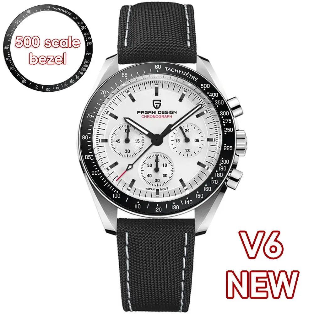Pagani Design men's chronograph watch with white dial, black tachymeter bezel, metal case, black fabric strap
