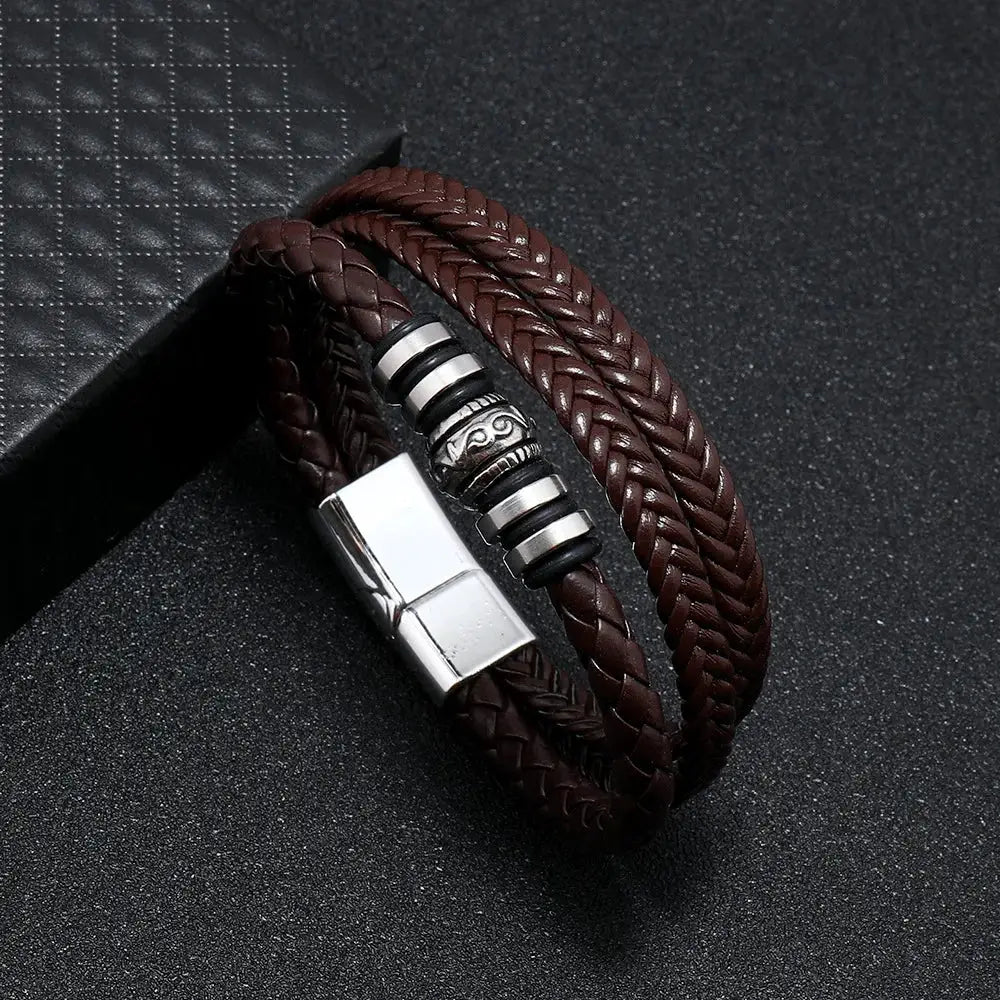 Vintage Multilayer Braided Leather Bracelet For Men Stainless Steel Rope Design Jewelry Gift