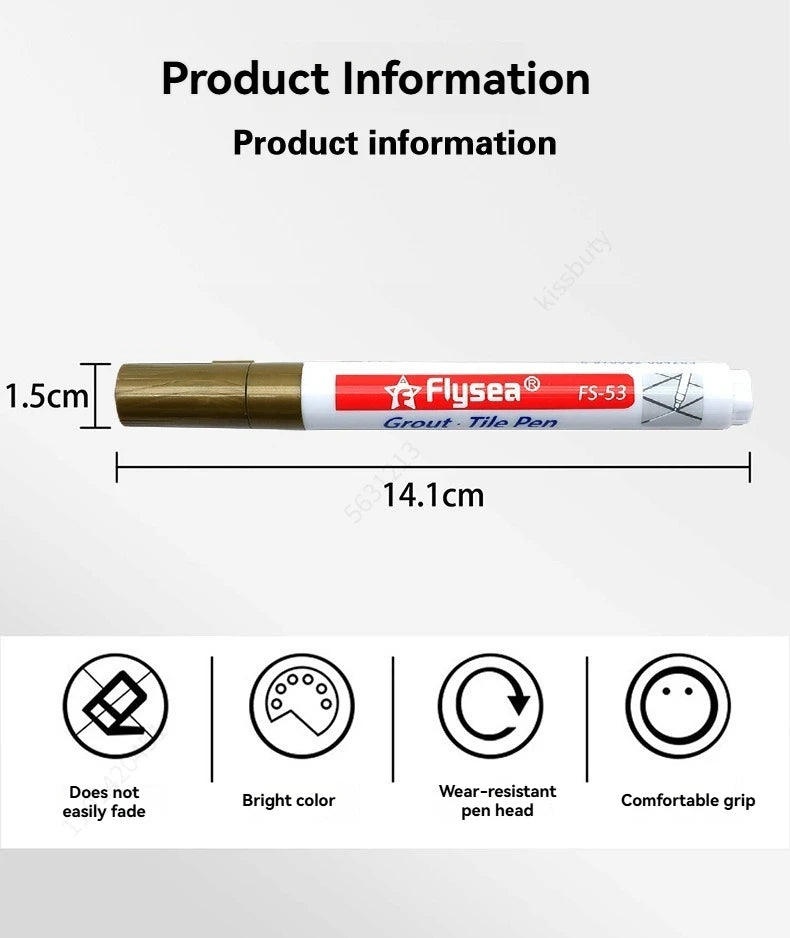 Flysea grout tile pen with white body, red label and gold cap; waterproof seam marker for tiles and floors