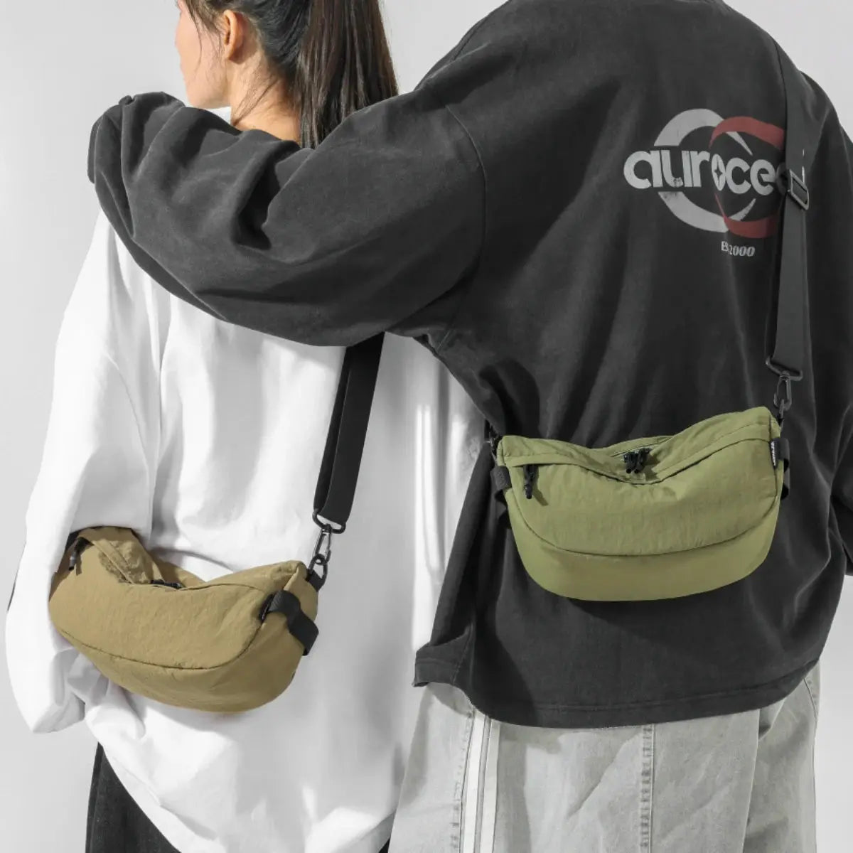 Japanese-style waterproof lightweight nylon crossbody bags; phone bags with multiple pockets, olive green and tan, 2 bags