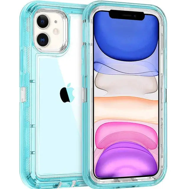 Simples Market 3-in-1 transparent teal iPhone case, heavy-duty shockproof shell for iPhone 14/13/11/15/16 Pro Max
