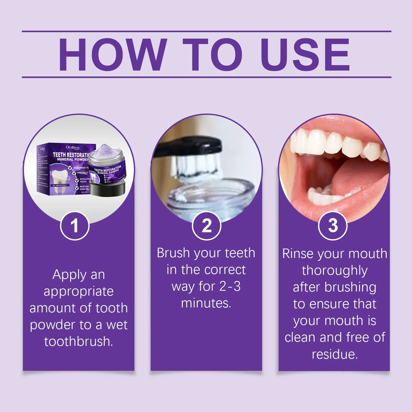 Simples Market teeth whitening purple powder toothpaste with a three-step how-to usage infographic