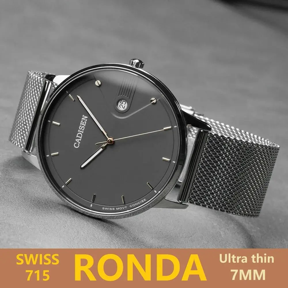 CADISEN wristwatch with stainless steel Milano mesh strap, gray ultra-thin 7mm dial, quartz movement