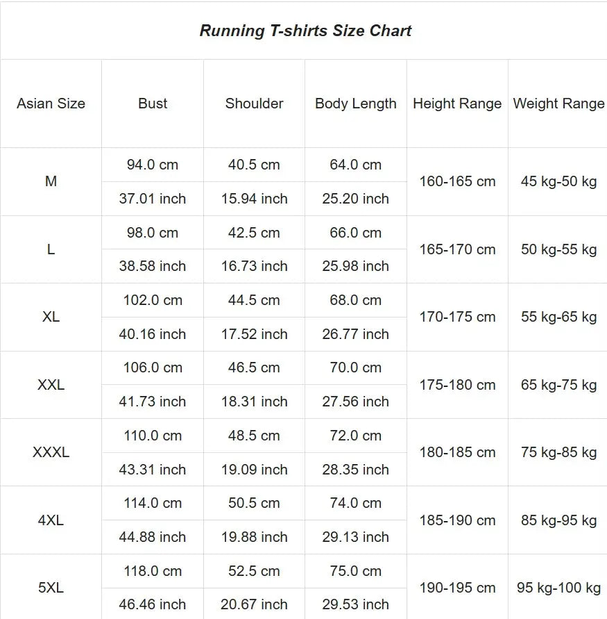 Men's running T-shirts size chart with Asian sizes M-5XL and bust, shoulder, body length measurements