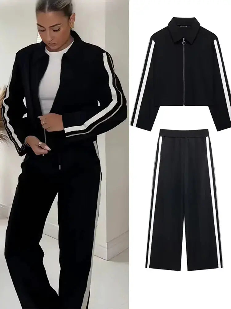 2024 New Women Patchwork Black White Baggy Pants Short Jacket Set