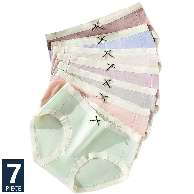 7-piece women's cotton panties set in pastel colors with bow accents, breathable low-rise briefs