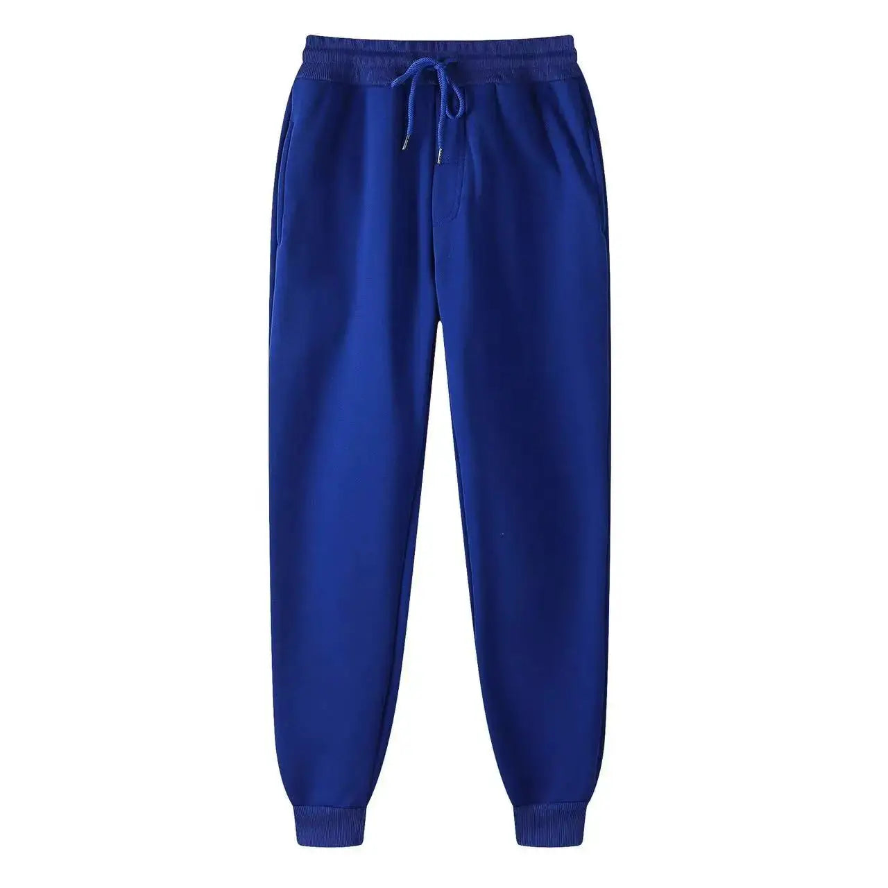Men's royal blue jogger pants with drawstring waist, side pockets, and ribbed cuffs
