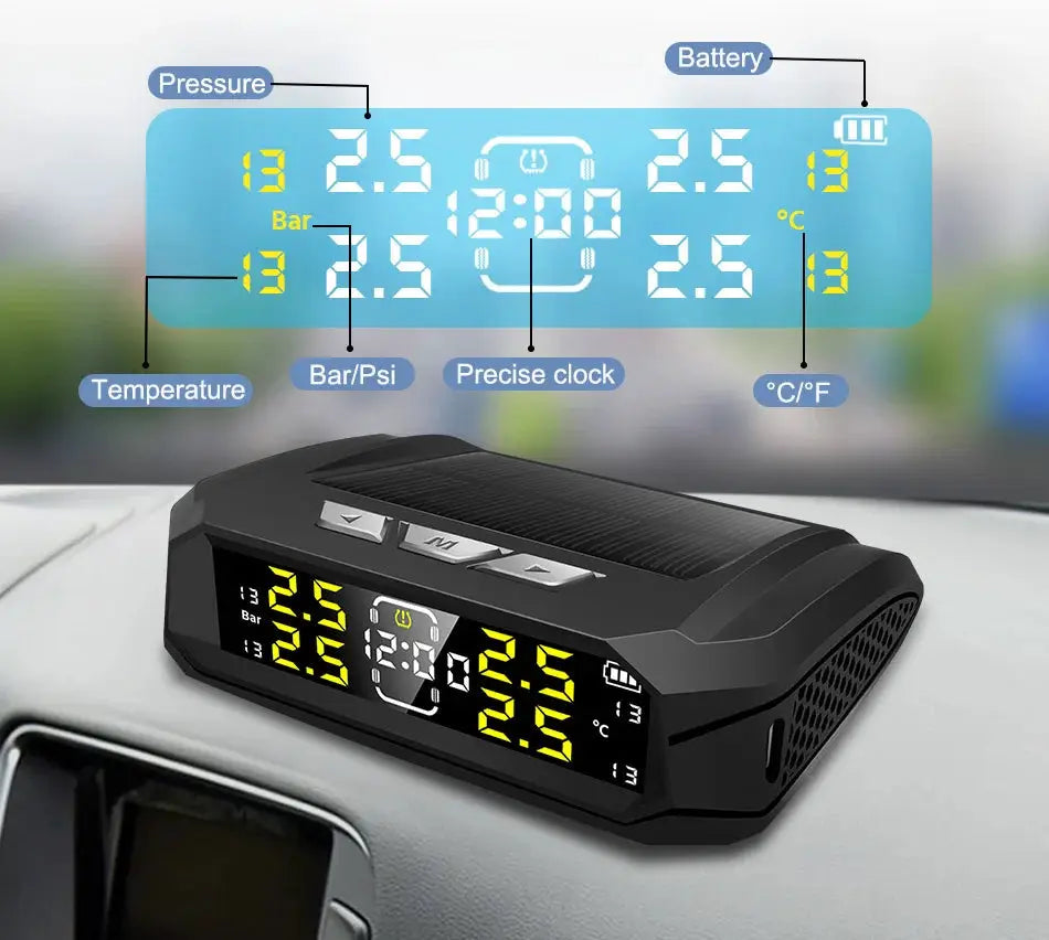 E-ACE car TPMS display unit by Simples Market with 8-bar sensor, solar LCD clock