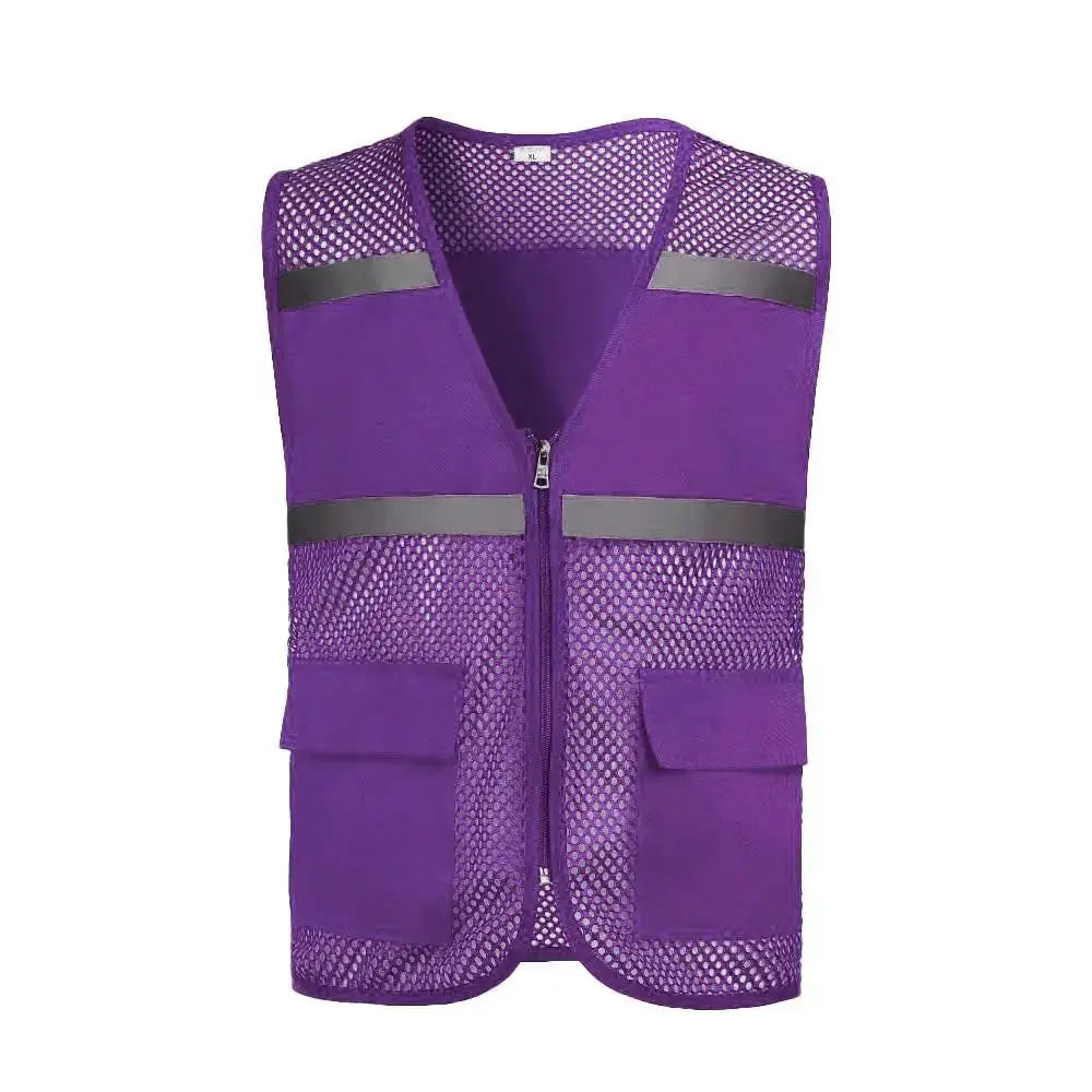 Purple mesh volunteer fishing vest with zip front and pockets