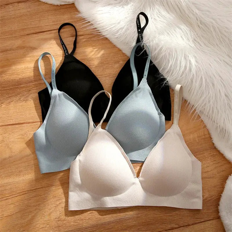 FINETOO wireless bralette set by Simples Market; padded deep-V bras in black, blue, gray, beige (4 pcs)