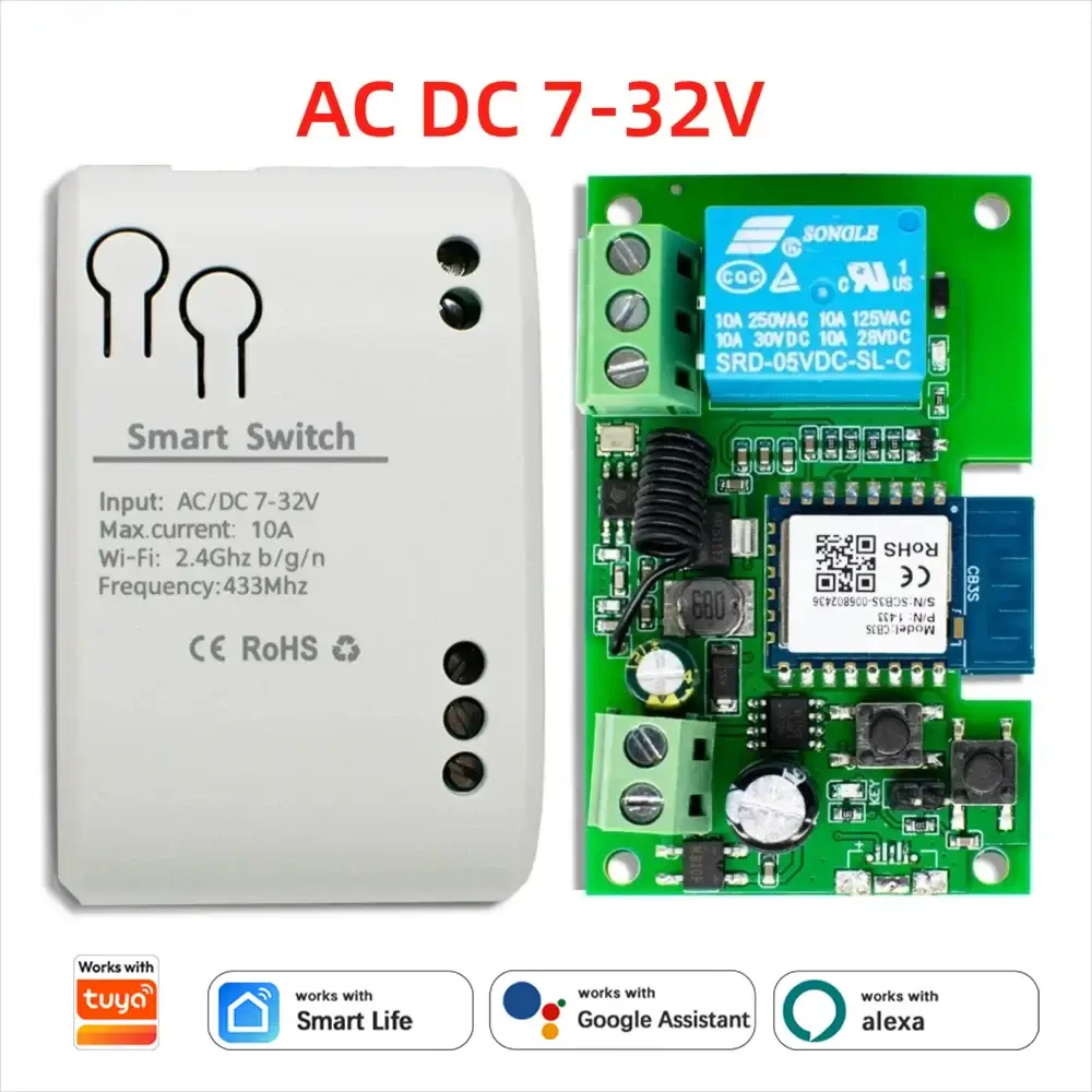 Smart garage gate relay kit by Simples Market; two-piece WiFi set with RF433 remote, 1/2-channel module, Tuya compatible.