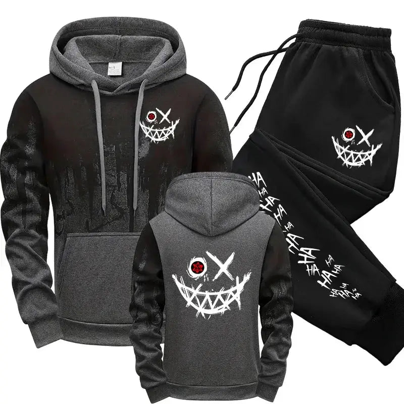 Men's tracksuit hoodie set from Simples Market in black and gray with splashed ink graphic; hoodie and joggers.