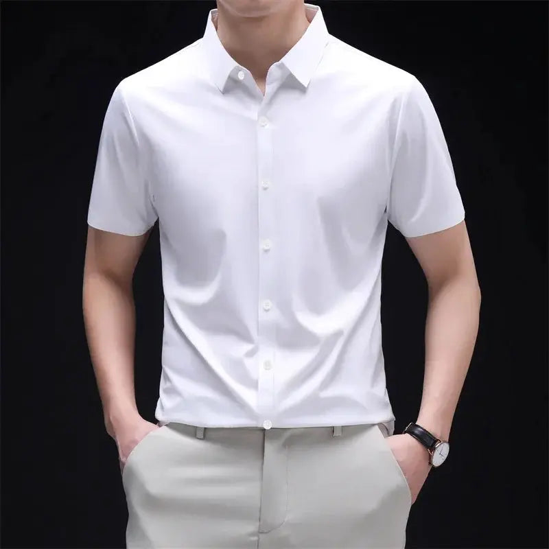 Mens Business Casual Short Sleeved Solid Color Shirt Wrinkle Resistant Wrinkle Free Comfortable All Season Versatile Top