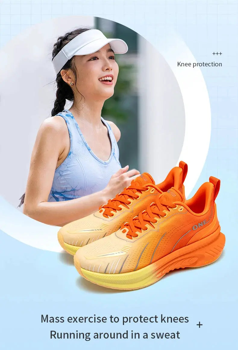 Simples Market ONEMIX cushioning running shoes, orange-yellow gradient, lace-up, non-slip outsole; pair shown.
