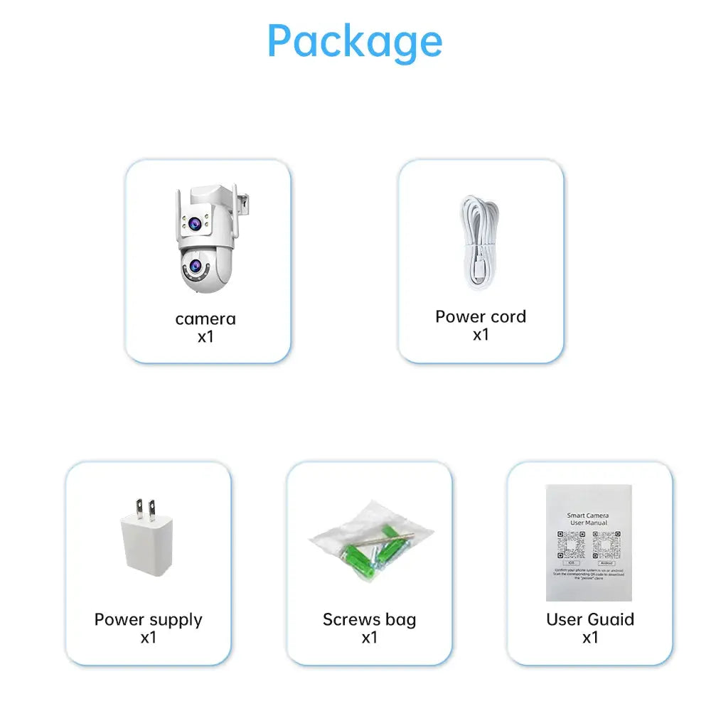 Jooan 4K 8MP HD Wifi PTZ outdoor security camera kit with camera, power cord, power supply, screws bag and user guide
