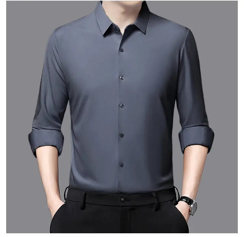 Premium men's ultra-stretch silky dress shirt by Simples Market, charcoal gray, long-sleeve with rolled cuffs.