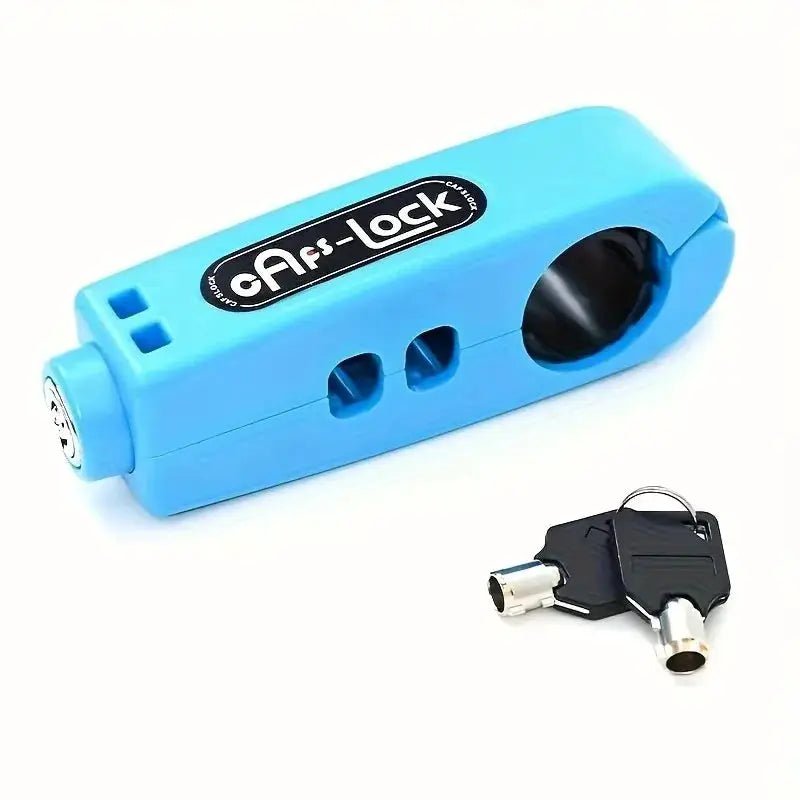 Blue motorcycle handlebar lock with two keys, anti-theft throttle/clutch brake lock for motorbikes and scooters
