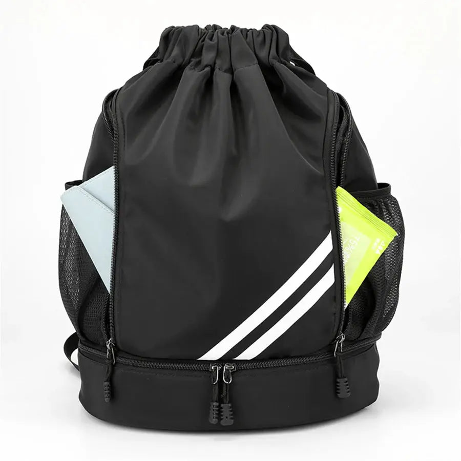 Versatile sports fitness backpack in black with mesh pockets and stylish design for active lifestyles.