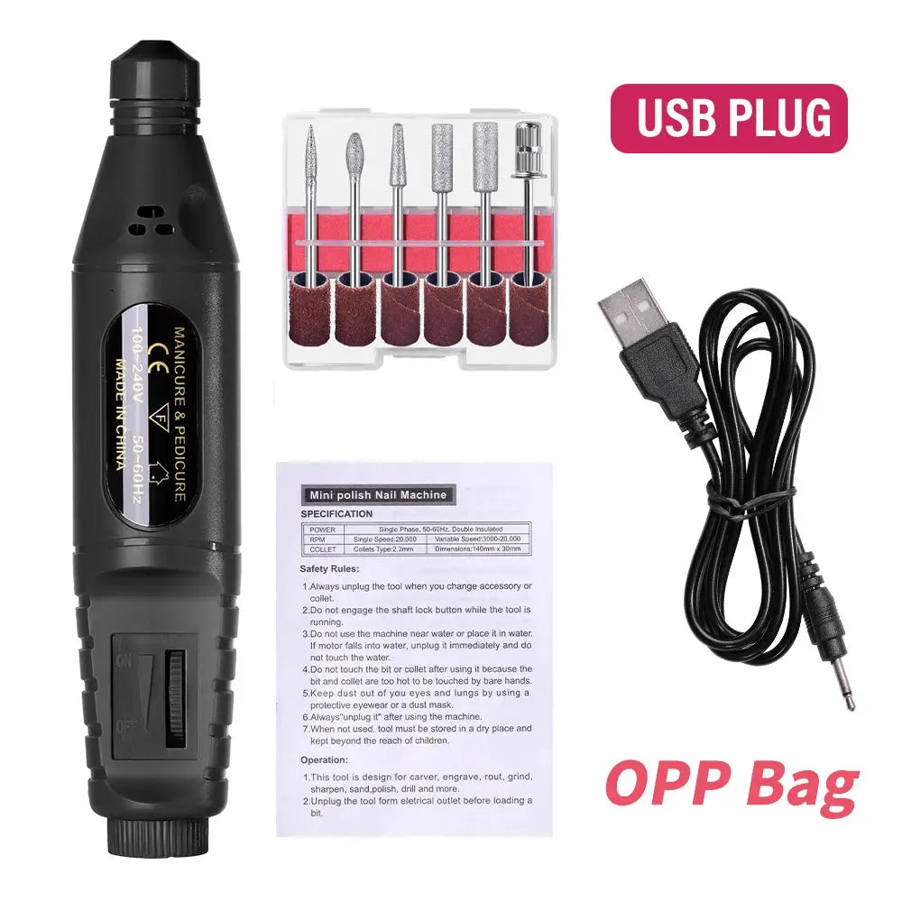 LINMANDA 6 In 1 Electric Nail Drill Kit Portable USB Powered Low Noise 0 To 20000 RPM For Manicure And Pedicure