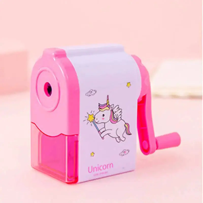 Unicorn mechanical pencil sharpener, pink with transparent shavings reservoir by Simples Market