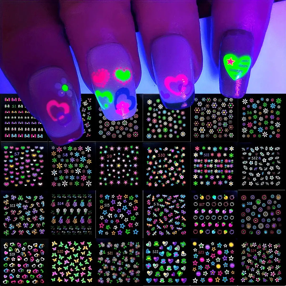 30-sheet 3D glow-in-the-dark neon nail sticker set by Simples Market with butterfly and heart designs